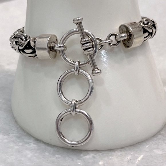 Sterling Silver Thick Solid Borobudur Link Toggle Clasp Bracelet - Picture 12 of 13